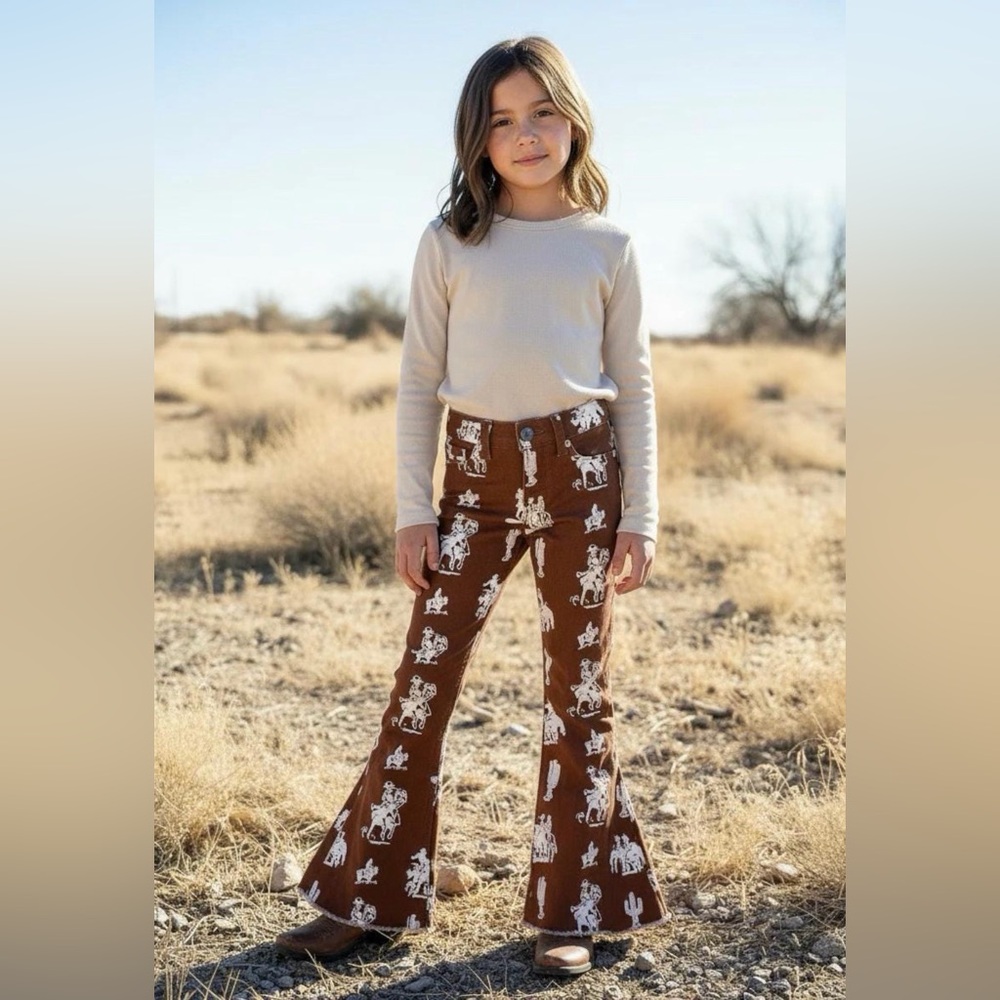 Girls' Vintage Cowboy Print Bell Bottom Jeans | Retro Western Flare Pants